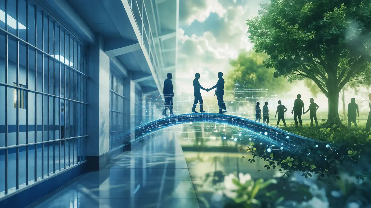 Visual metaphor connecting prison corridors with community landscapes