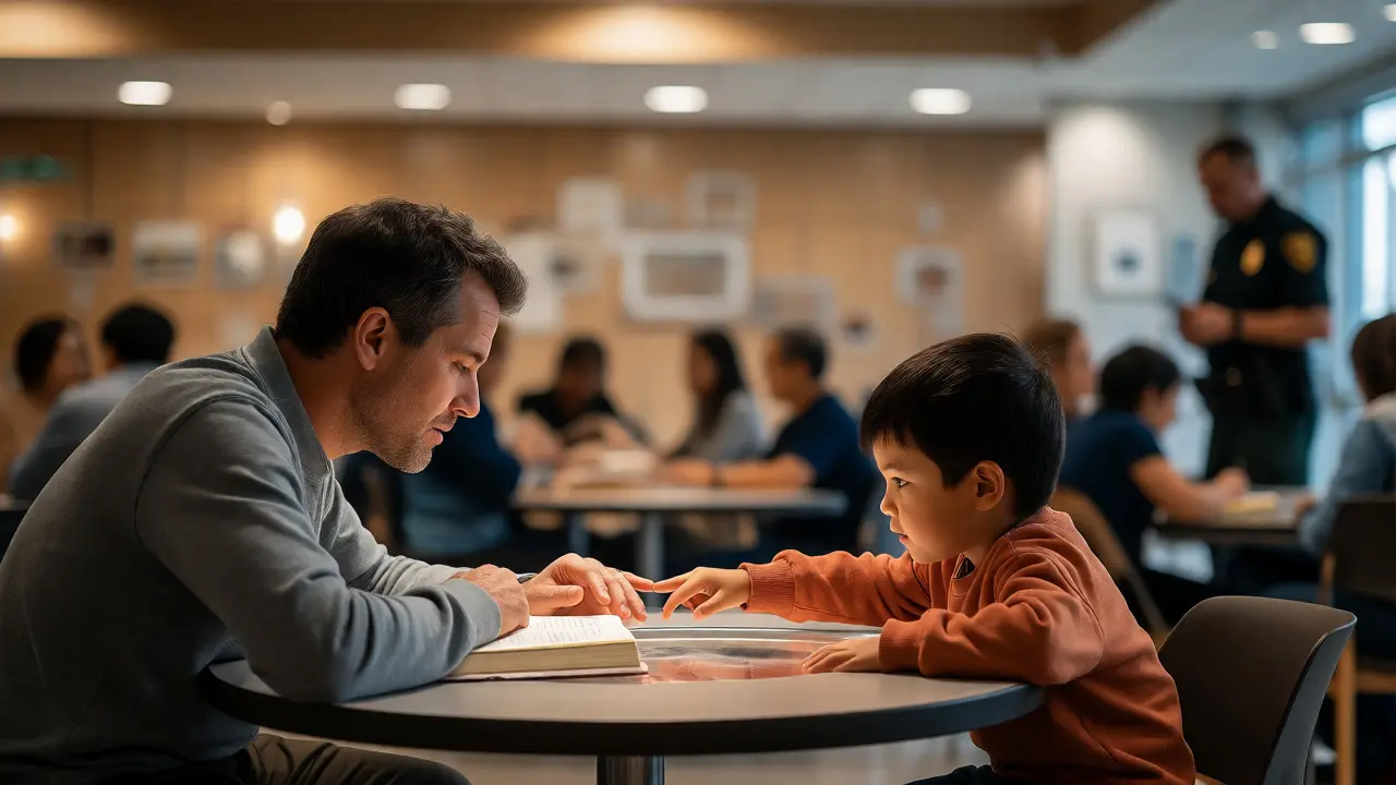 A father and son sharing a book at a table in a warm, barrier-free visiting space.