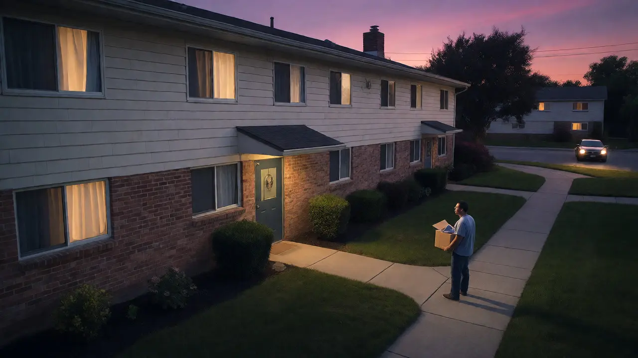 A man standing outside a halfway house with a box, preparing for release at dusk.