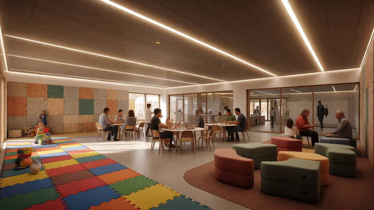 A modern, zoned prison visiting area with play zones, soft seating, and warm lighting.