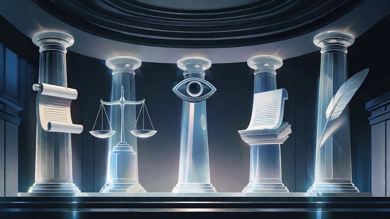 Abstract conceptual art showing five glowing pillars supporting a ceiling, representing legal due process standards.
