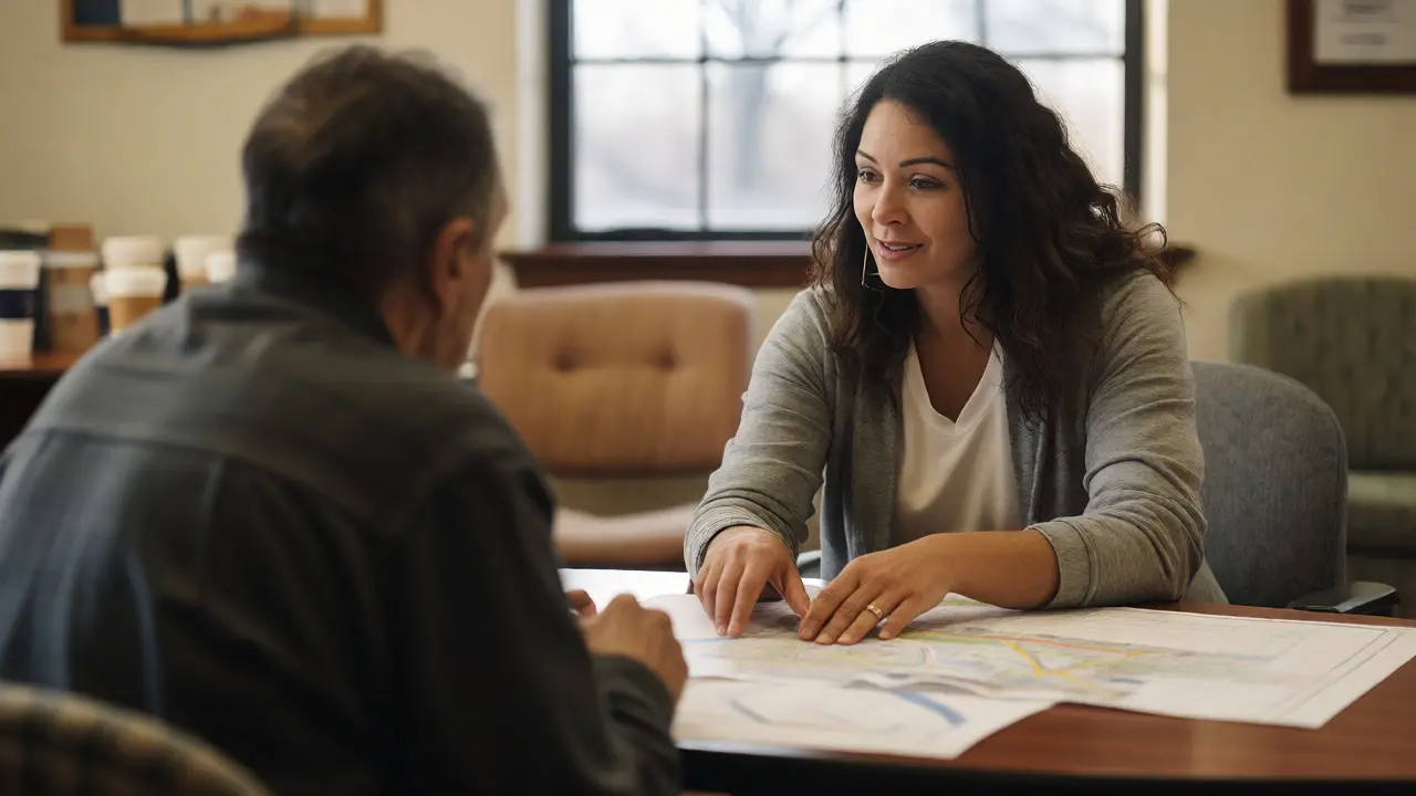 Case manager discussing housing plans with client in office