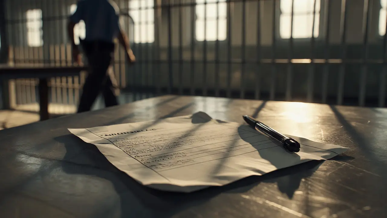 Close-up of a handwritten grievance form and pen on a metal table in a prison setting, ready for submission.