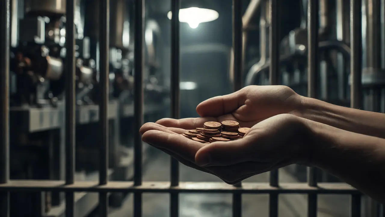 Close-up of hands holding pennies symbolizing low prison labor wages.