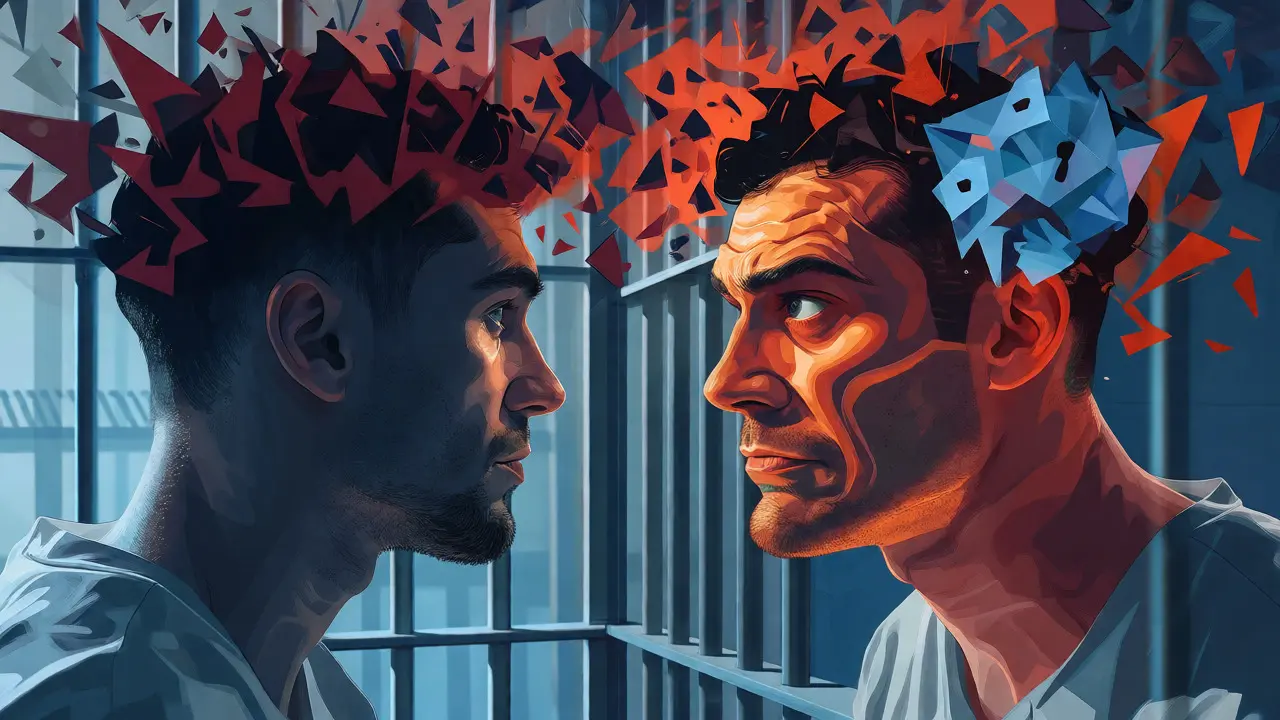 Conceptual art showing cognitive distortions transforming into coping skills in a prisoner's mind.