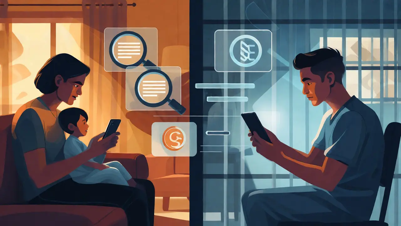 Conceptual art showing family and inmate connected by monitored digital messages