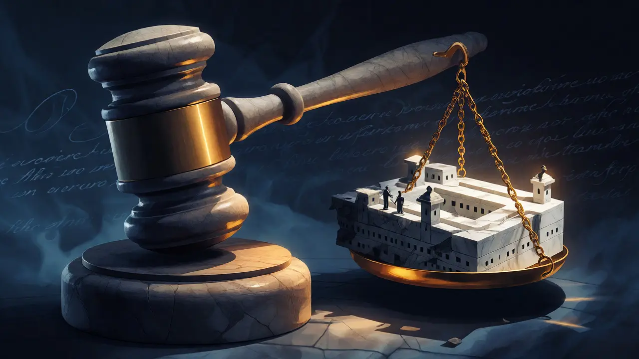 Conceptual image of a gavel balancing a repairing prison model on scales