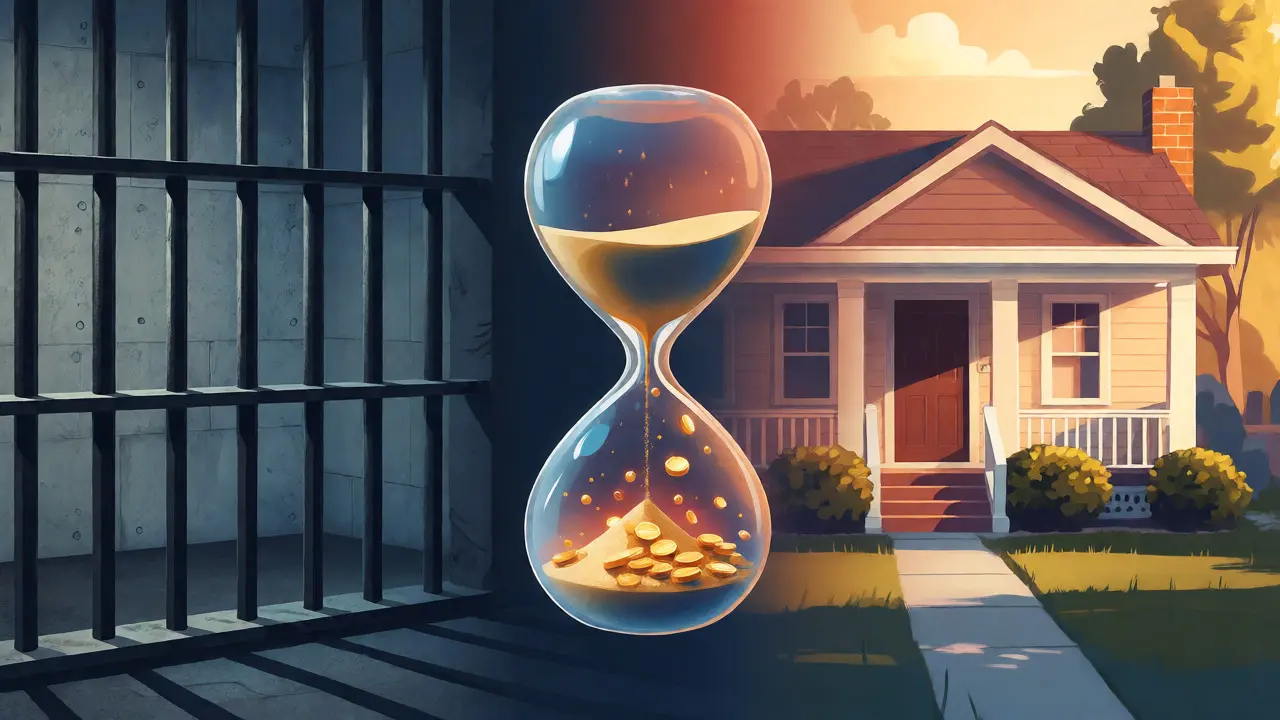 Conceptual image showing an hourglass transitioning from prison bars to a home setting.