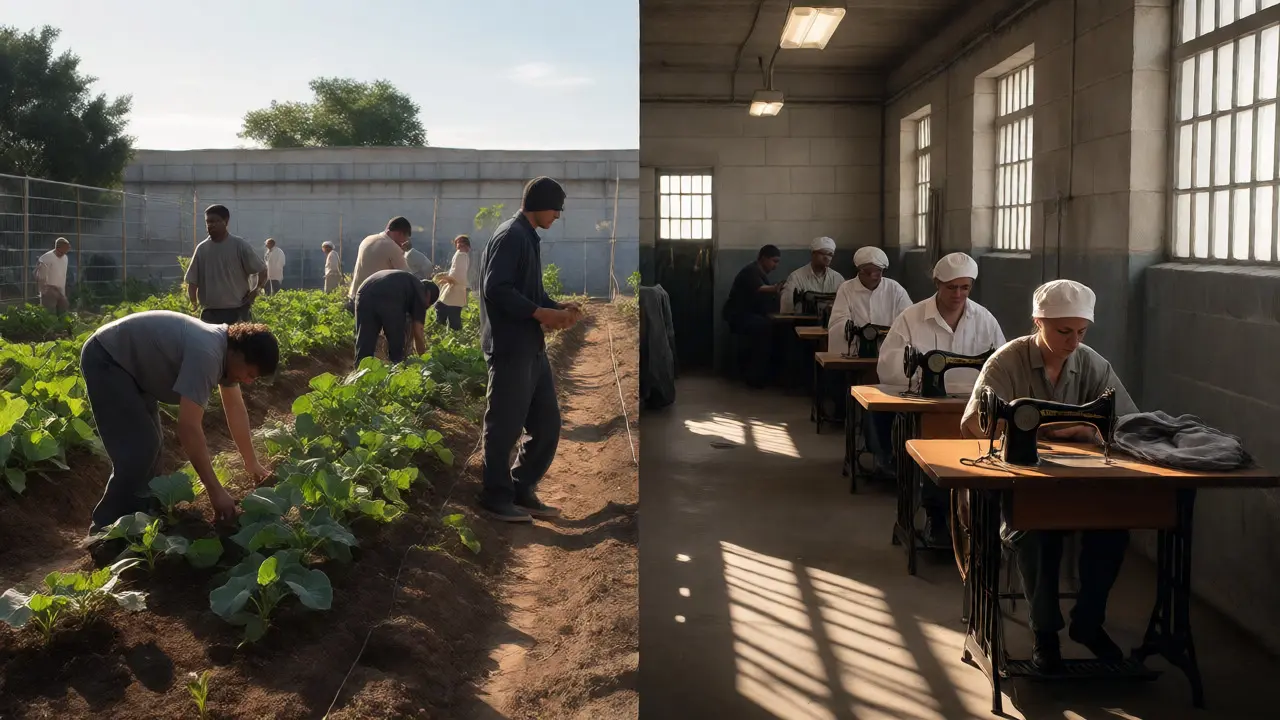 Contrasting state prison activities including farming and textile workshops.