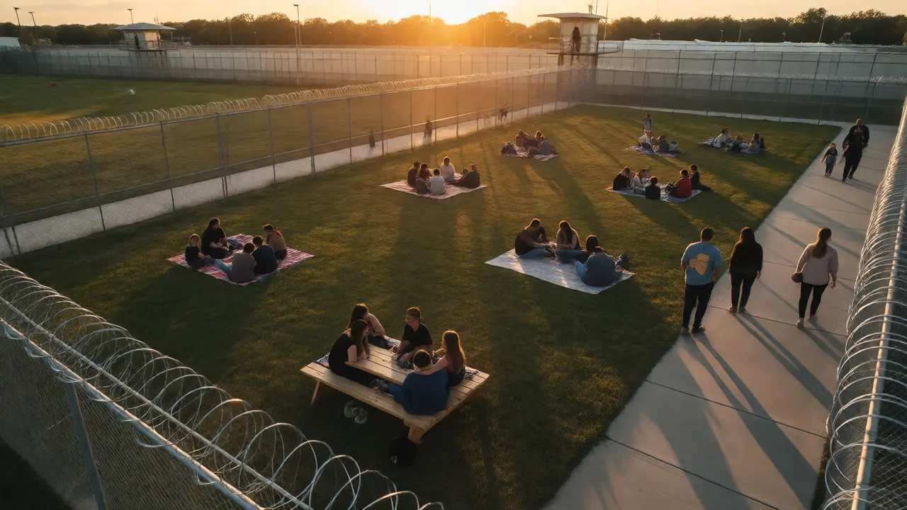 Families visiting in outdoor prison yard during golden hour