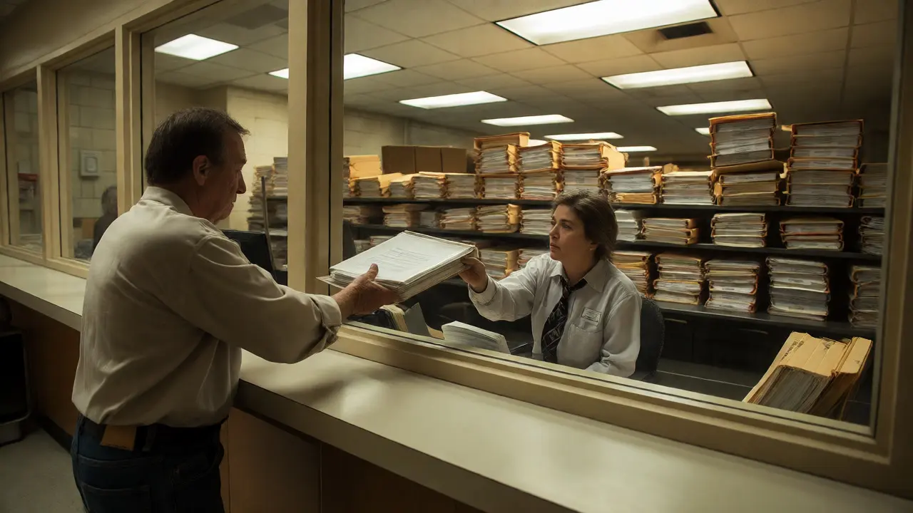 Family member submitting a binder to a prison records clerk