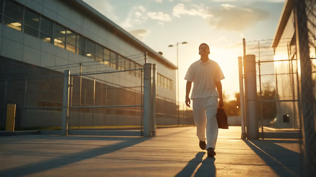 Formerly incarcerated individual walking out of prison gates into sunlight, symbolizing rehabilitation.