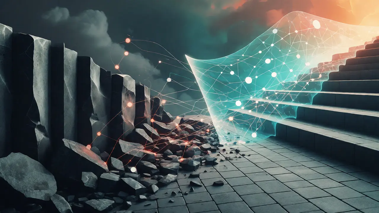 Glowing threads bridging dark obstacles to a bright future