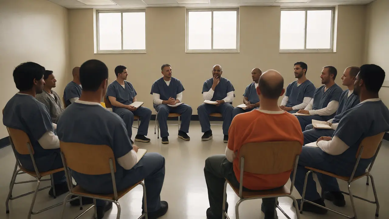 Group therapy session with inmates practicing mindfulness in a circle