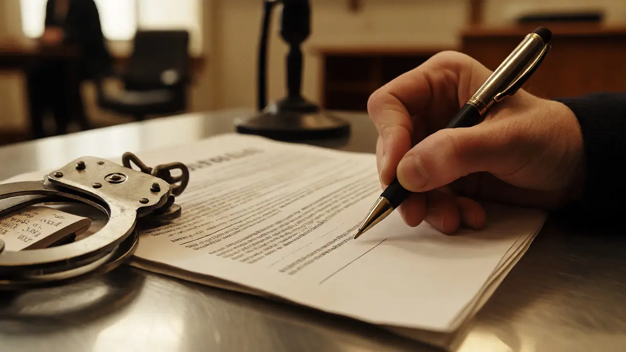 Hand signing appeal form near handcuffs