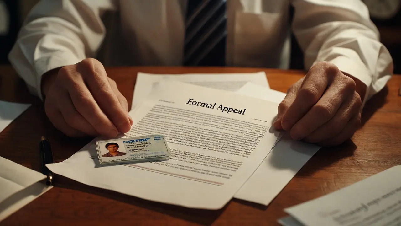 Hands arrange identification documents and an appeal letter on a desk for review.