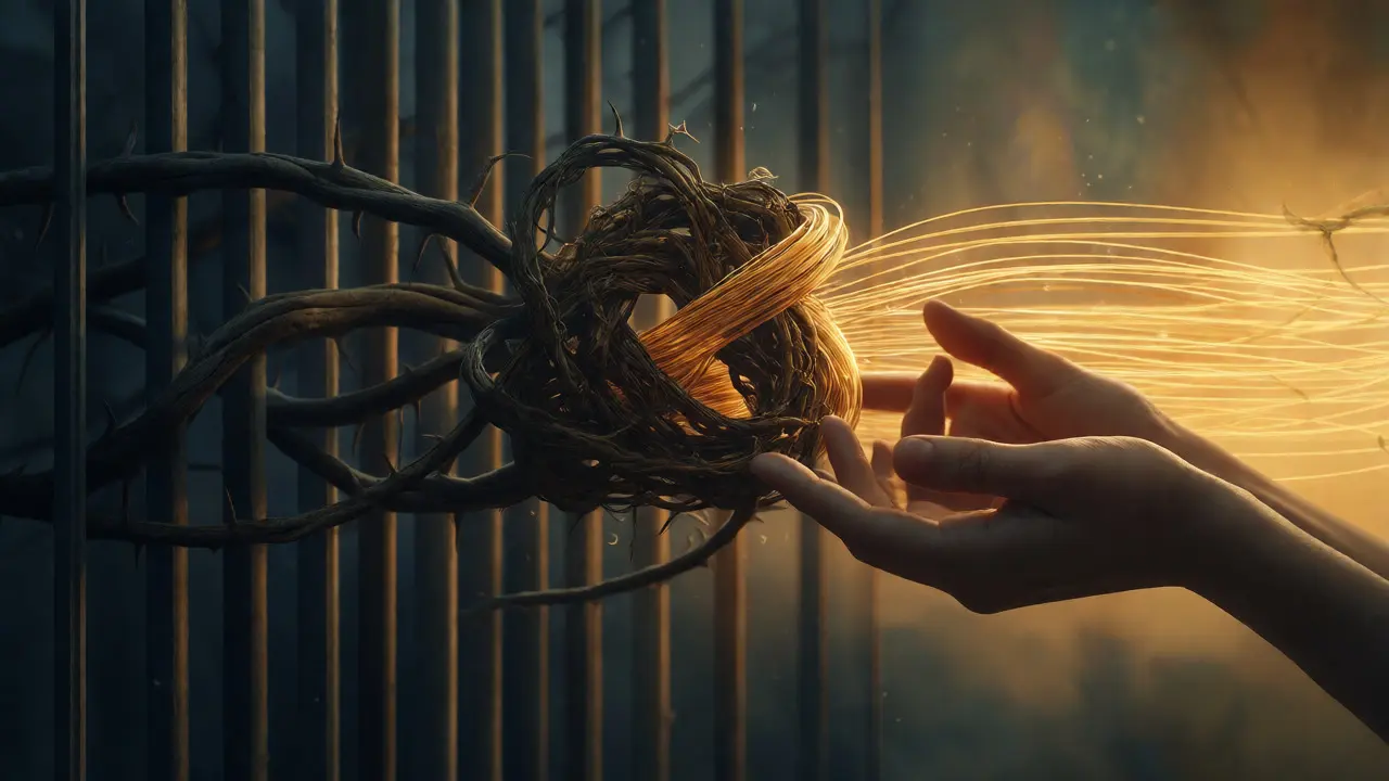 Hands untangling dark vines into golden threads symbolizing cognitive change