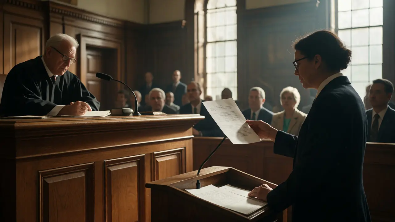 Individual presenting evidence to a judge in a sunlit courtroom