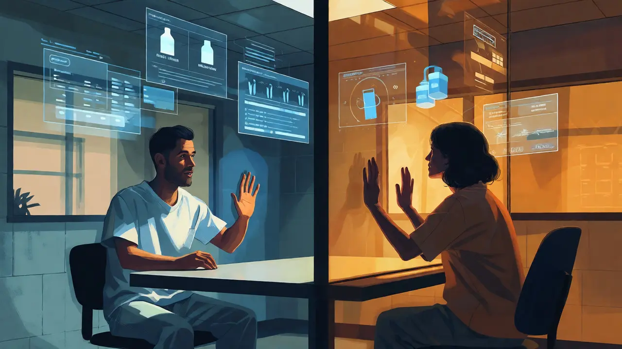 Inmate and family separated by glass partition with data overlays