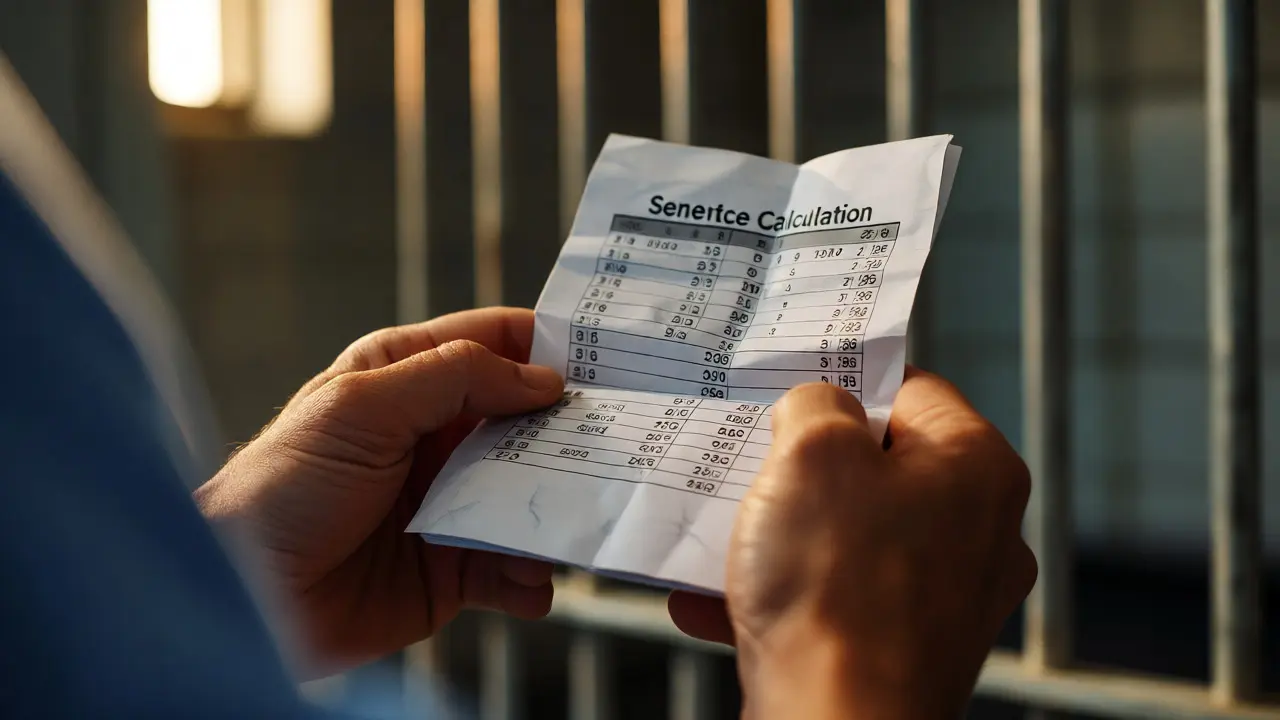 Inmate hands holding a detailed sentence calculation sheet