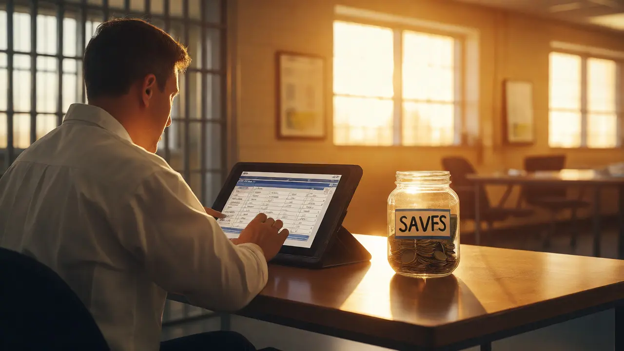 Inmate using a tablet for remote work next to a jar of saved money in a sunlit room.