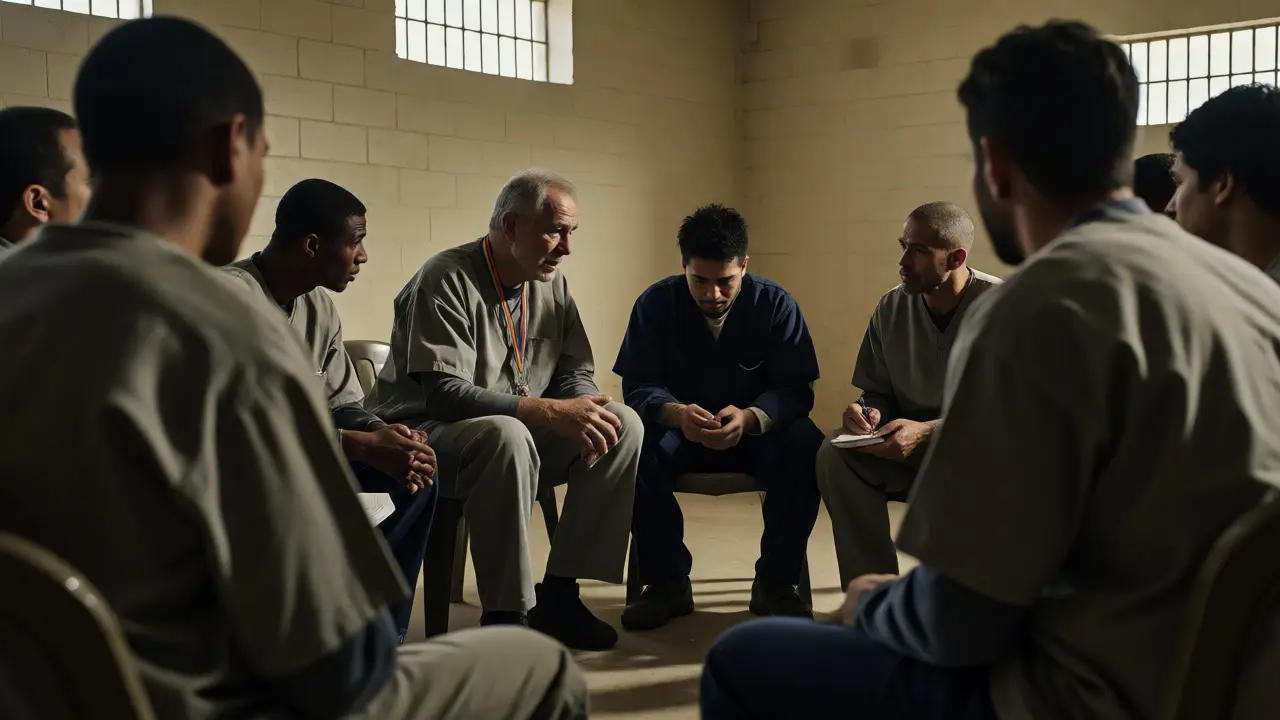 Inmates participating in a serious group therapy circle inside a prison unit