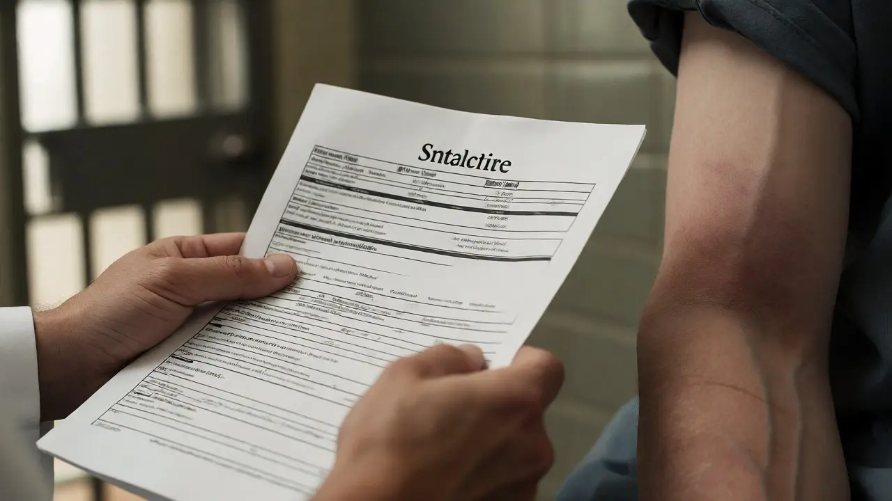 Medical officer examining physical signs of substance use during intake
