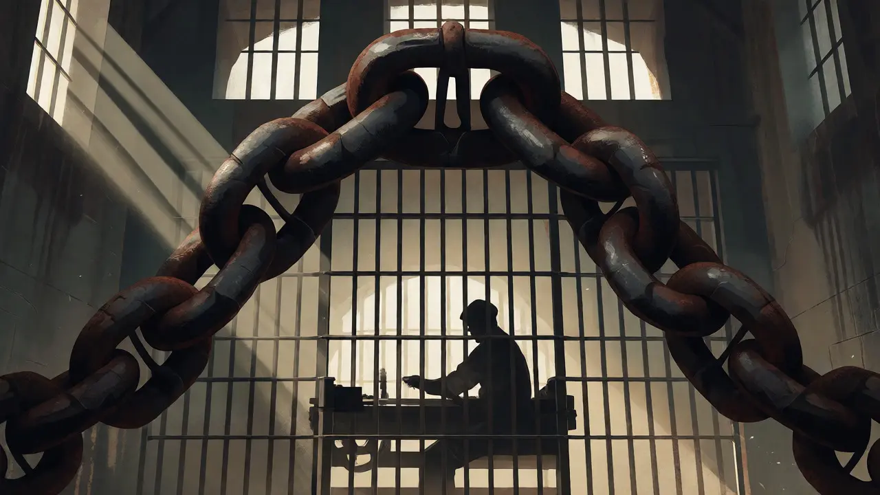 Rusted chains hanging over a prison workshop symbolizing the 13th Amendment loophole.