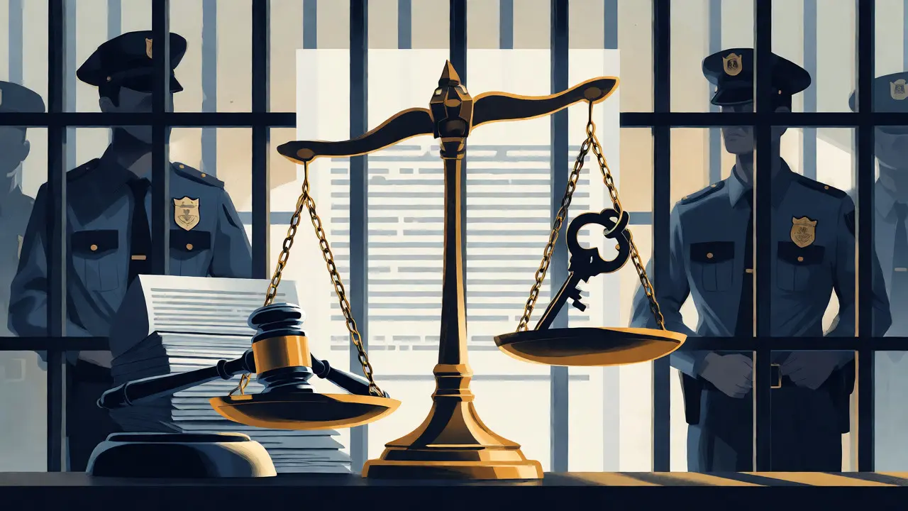 Scales of justice balancing against prison bars