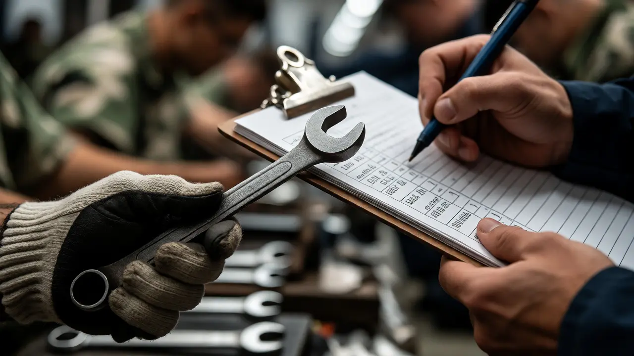 Supervisor checking tools against a list to ensure security compliance in a prison shop.