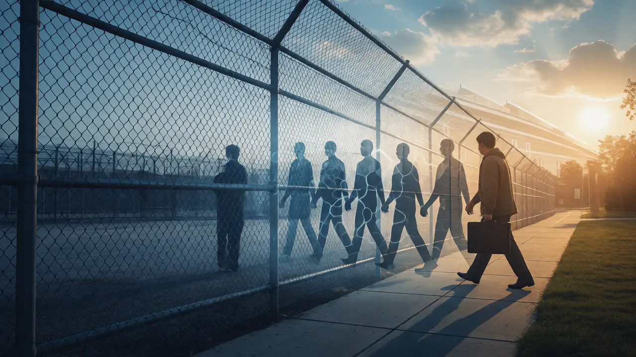 Symbolic depiction of transitioning from prison to community care via peer support