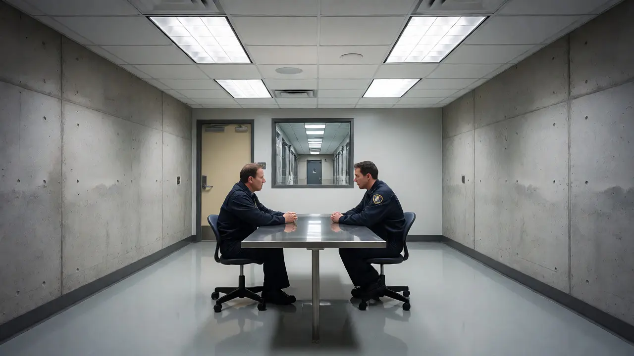 Two people sit at a table in a stark institutional office discussing a visitation issue.